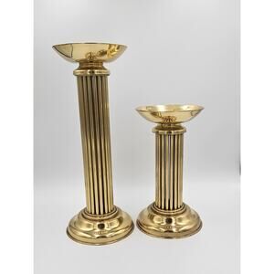 Vintage Brass Candlestick Holders Pair Fluted Column Hollywood Regency